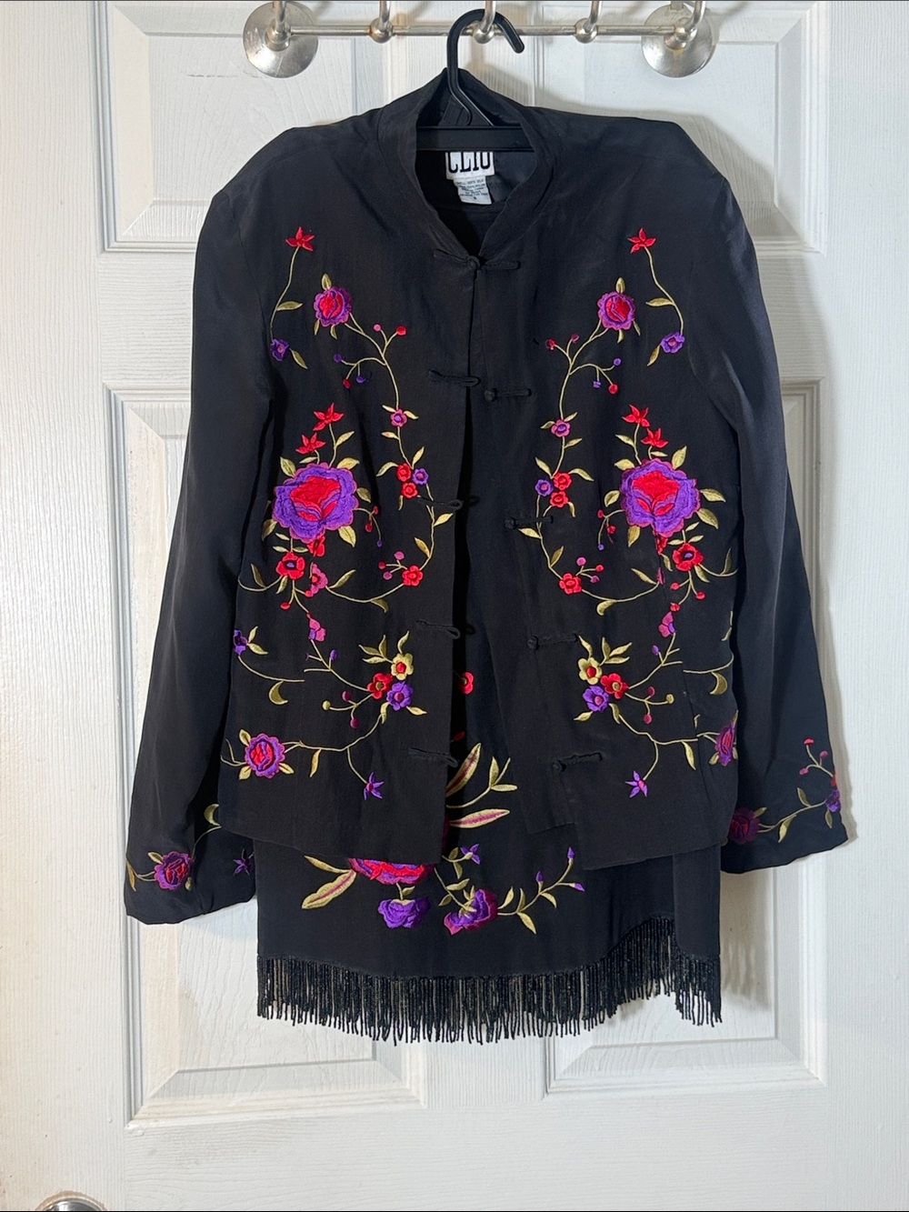Clio Black Pencil Skirt with Pink & Purple Floral Embroidery
